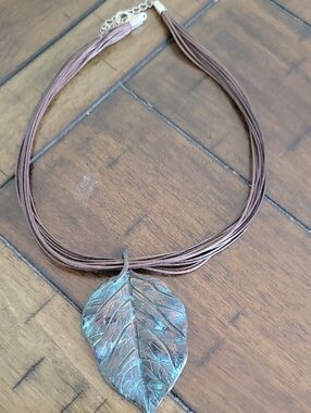 Leaf Pendant Multi-Strand Necklace in Brown with Patina Accent
